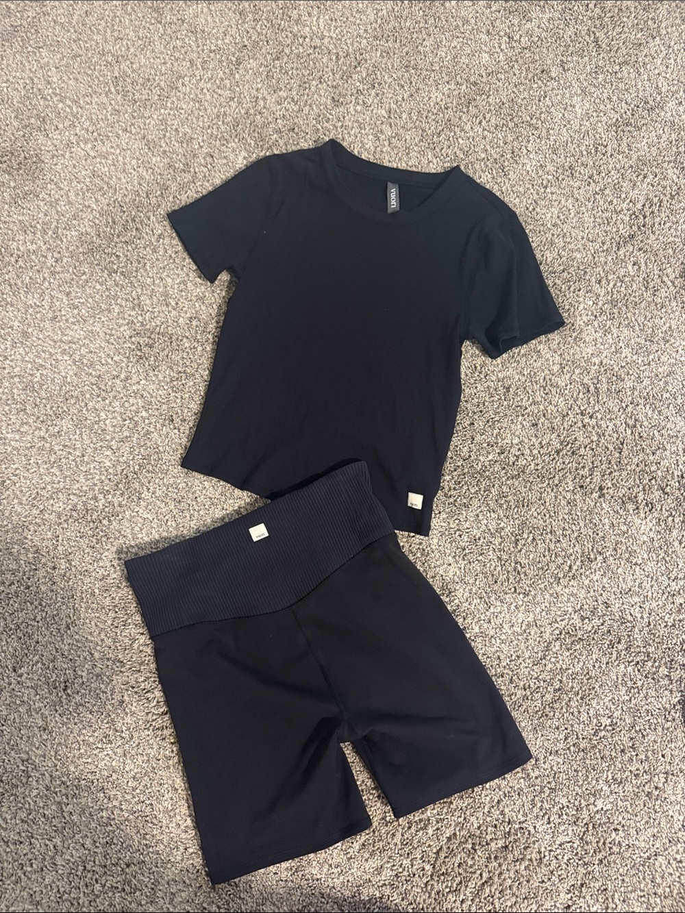 Vuori Minimalist Black Pose tee and Biker Shorts Set